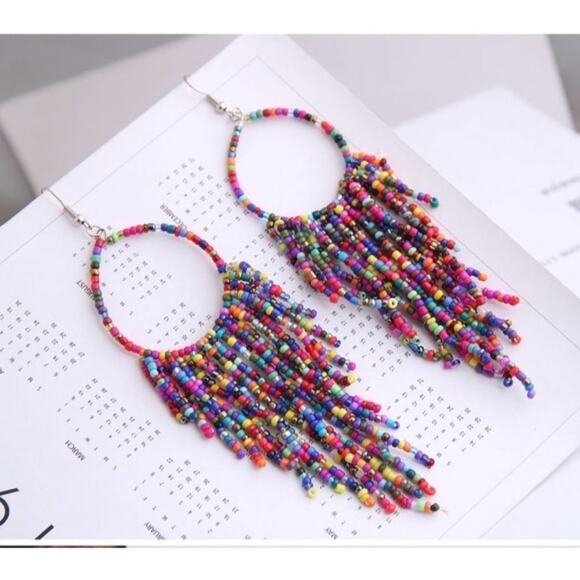 New Colorful Long Beaded Dangle Tassel Hook Earrings Multi Colors A0104 - Picture 10 of 15